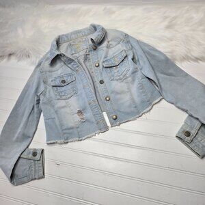 Rue 21 Denim Jean Jacket Juniors Medium Blue Cropped Rip Torn Distressed Hipster